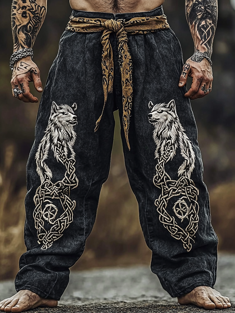 Mens Vintage Viking Wolf Celtic Knot Art Linen Lounge Pants