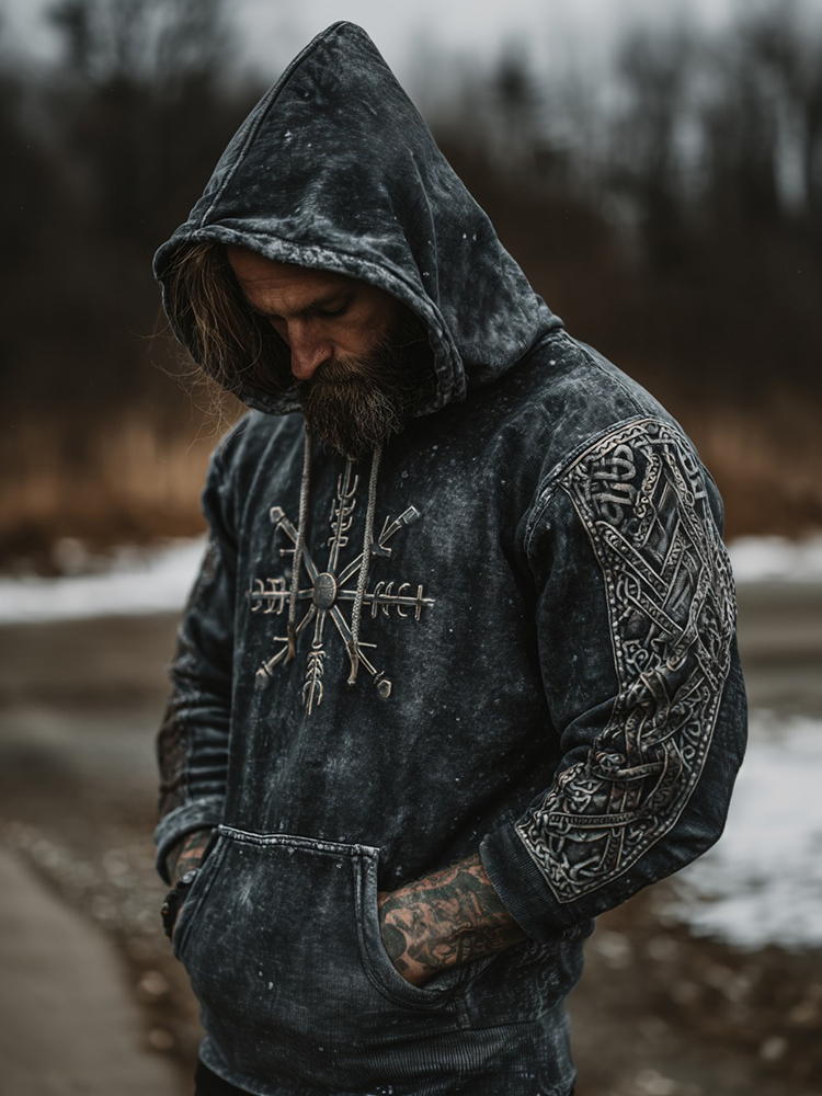 Men's Viking Vegvisir Runes Graphics Washed Hoodies
