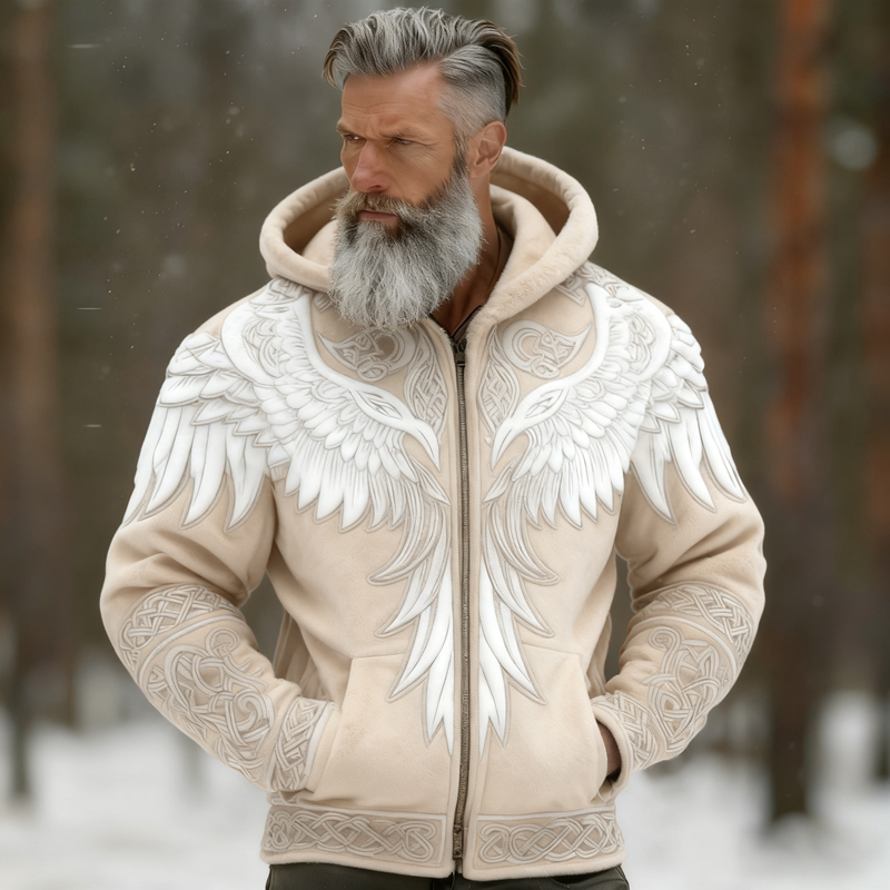 Men's Viking Tribal Jacquard Celtic With Wings Inspired Art Plush Warm Zipped Hooded Jacket