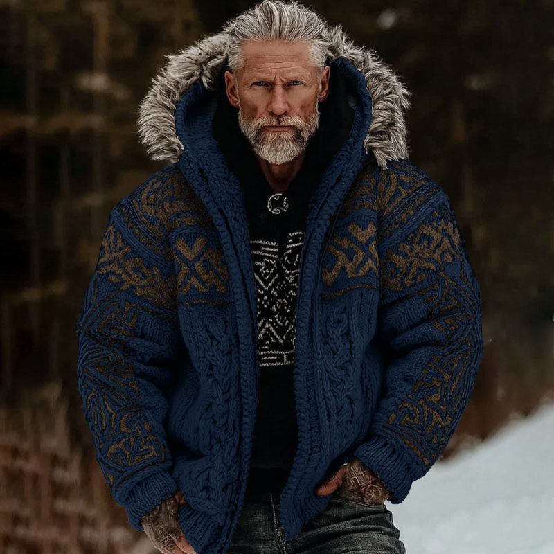 Men's Viking Celtic Art Cozy Fur Collar Knit Hooded Sweater Jacket