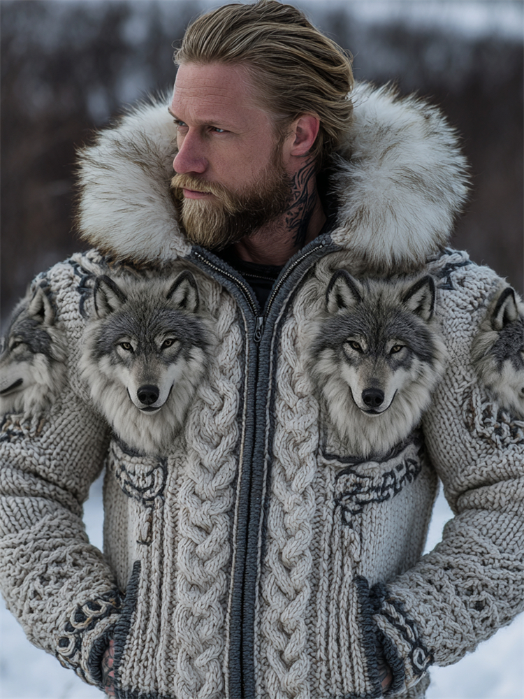 Men's Fuzzy Wolves Viking Celtic Cozy Fur Trim Hooded Cardigan