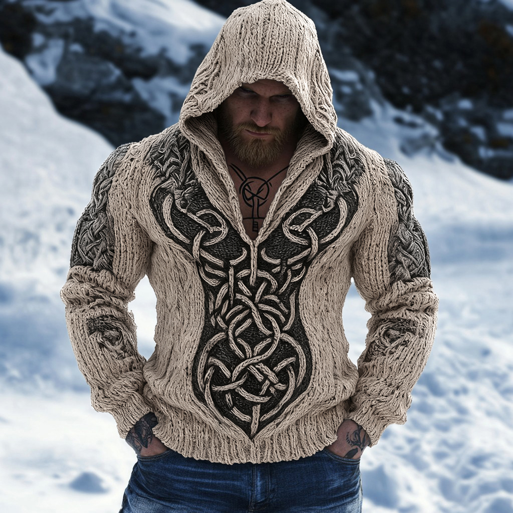 Retro Viking Celtic Jacquard Chunky Hooded Sweater