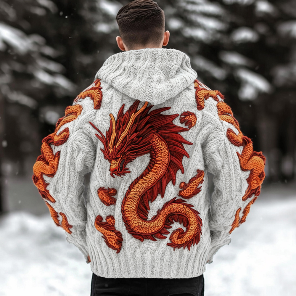 Men's Viking Dragon Celtic Thick Knit Zip-up Hooded Sweater