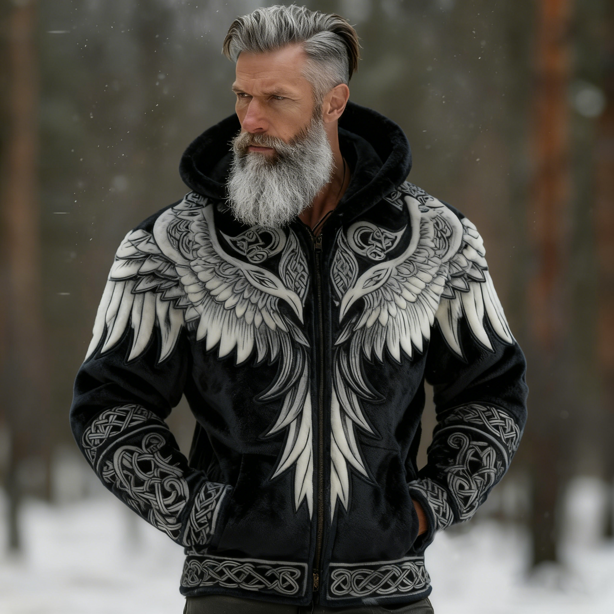 Men's Viking Tribal Jacquard Celtic With Wings Inspired Art Plush Warm Zipped Hooded Jacket