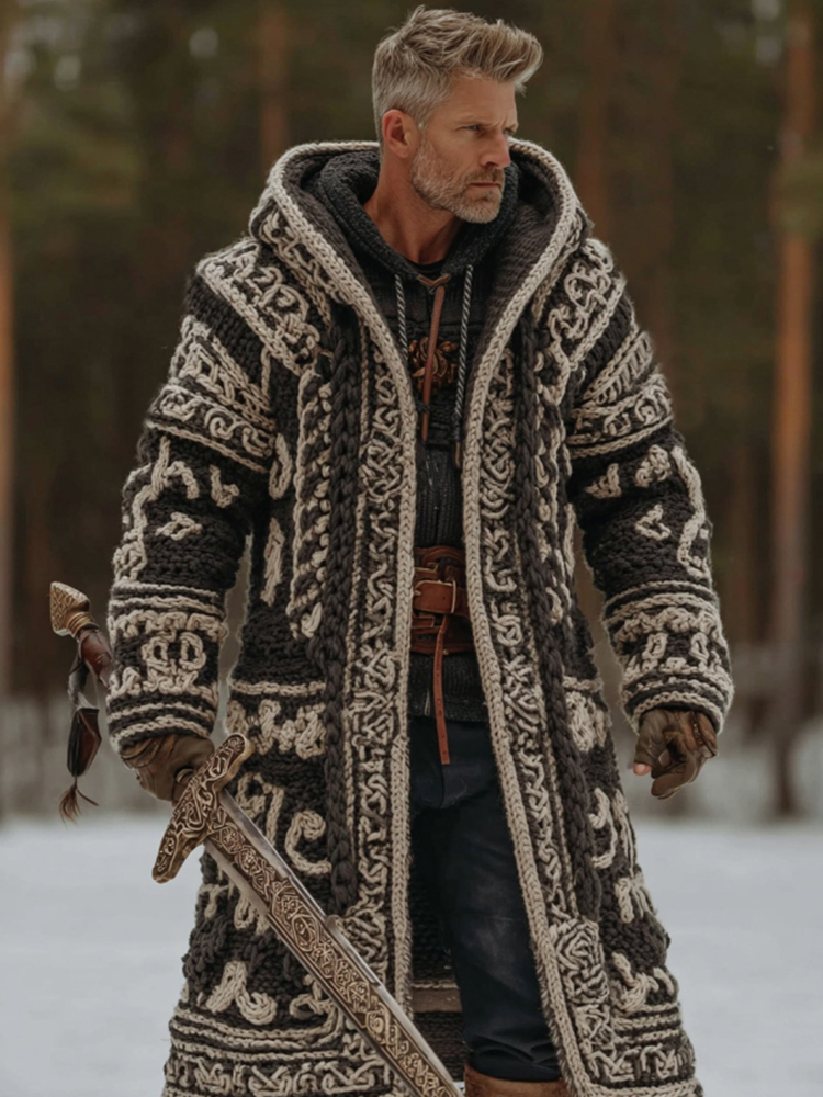 Men's Vintage Viking Celtic Geometry Pattern Art Knitted Hooded Cardigan