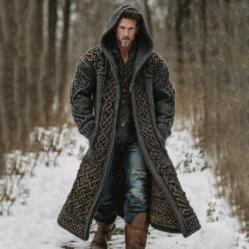 Men's Viking Celtic Knot Art Mid-length Chunky Knit Cardigan Sweater
