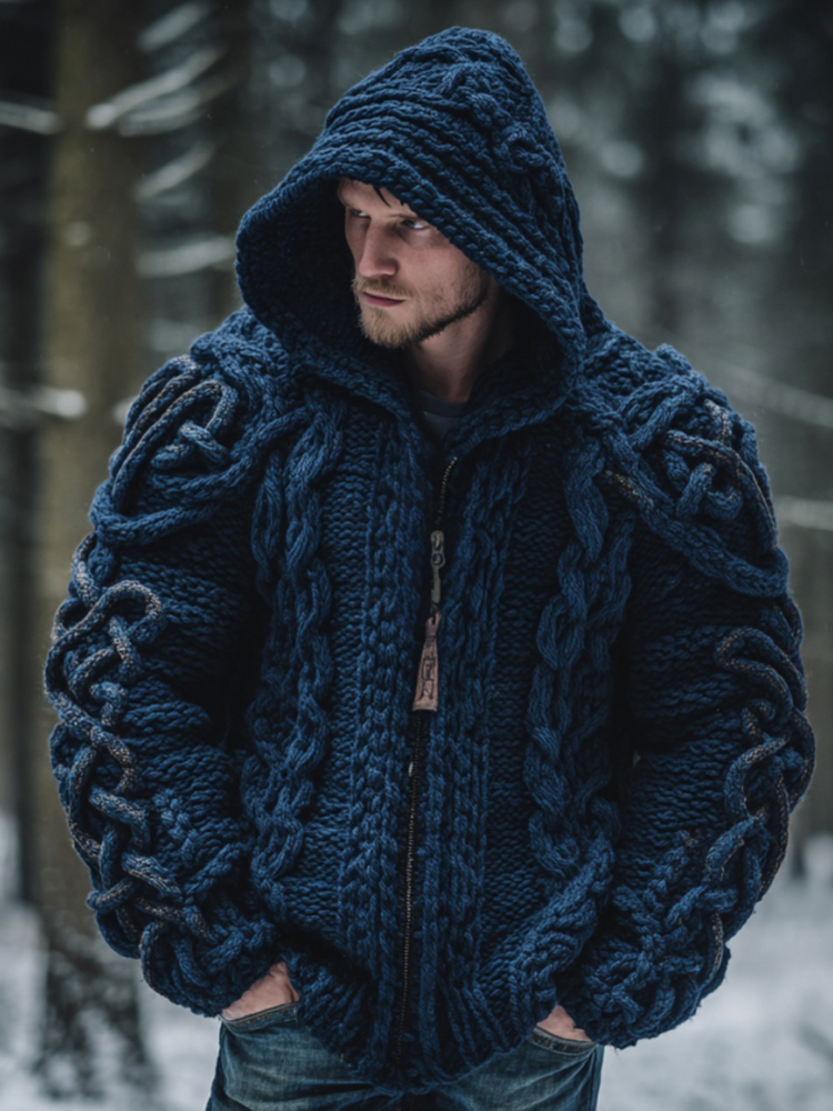 Men's Vintage Viking Celtic Knot Art Zip-up Chunky Knit Hooded Cardigan