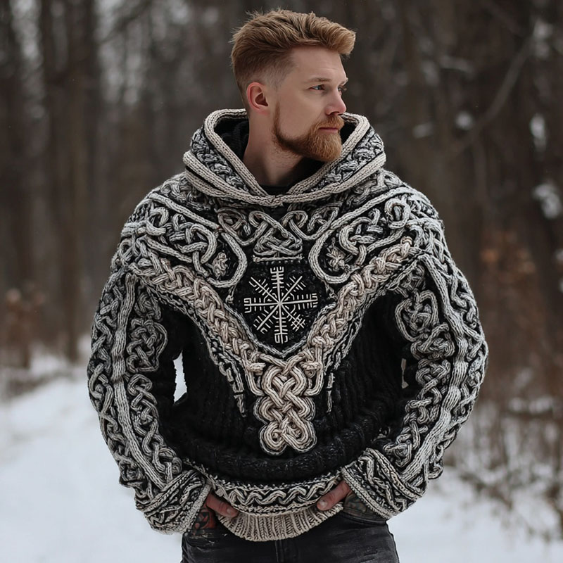 Vintage Viking Celtic Knot Rune Art Knitted Hooded Sweater