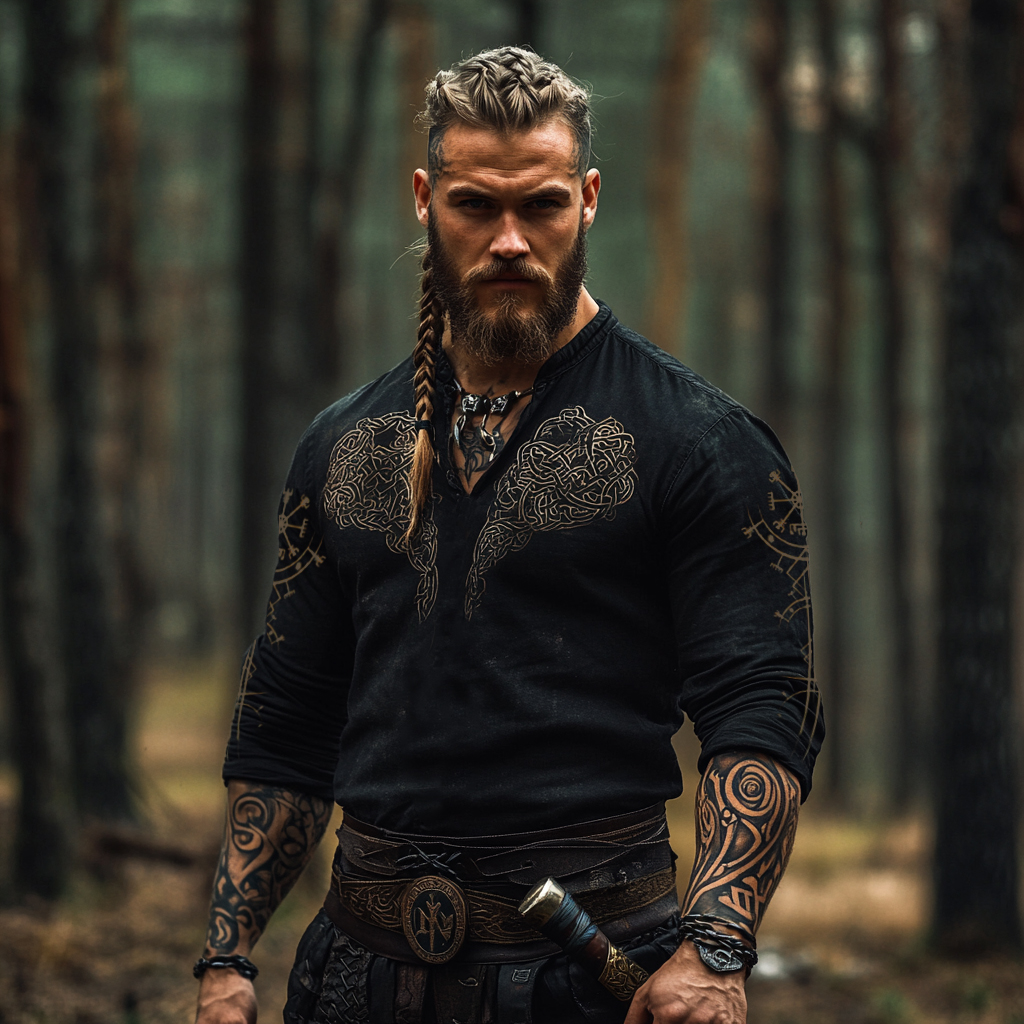 Men's Viking Tribal Celtic Art Graphic Half Button Art Linen Blend Shirt