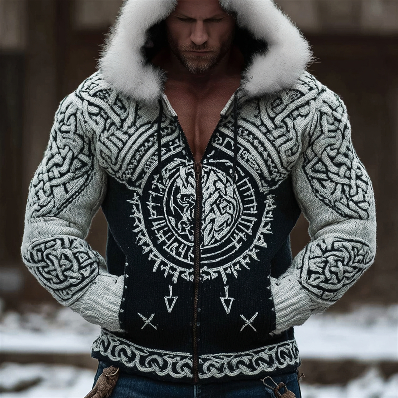 Men's Viking Totem Celtic Contrast Cozy Fur Trim Hooded Cardigan