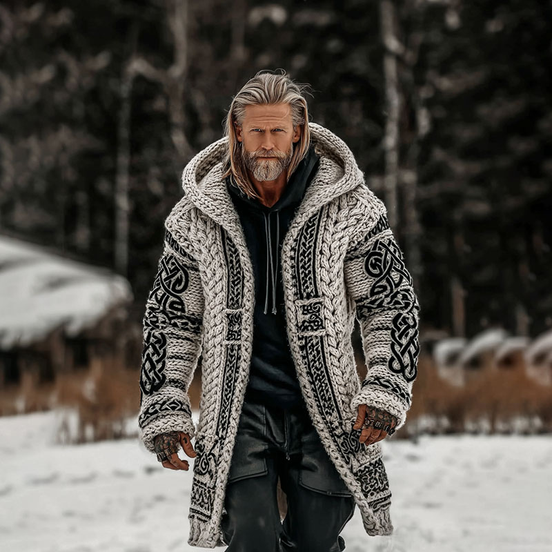 Men's Vintage Viking Celtic Knot Art Chunky Knit Mid-length Hooded Cardigan Sweater