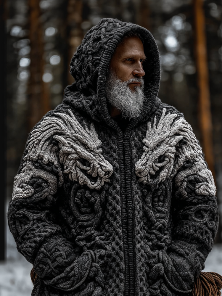 Men's Viking-style Winter Warm Hooded Knitted Sweater Coat