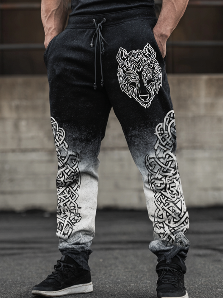 Men's Black And White Gradient Wolf Head Design Sweatpants