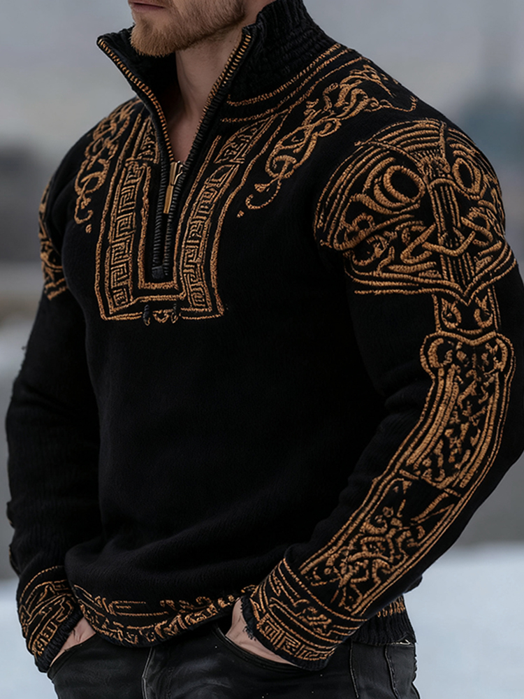 Men's Vintage Viking Celtic Art Knit Zipped High Neck Sweater