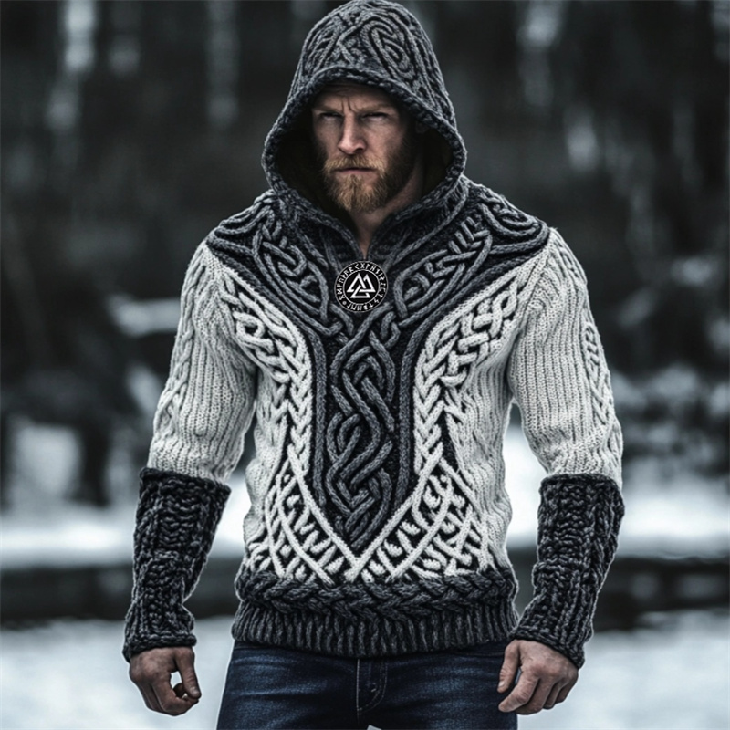 Men's Viking Embroidered Celtic Contrast Chunky Hooded Sweater