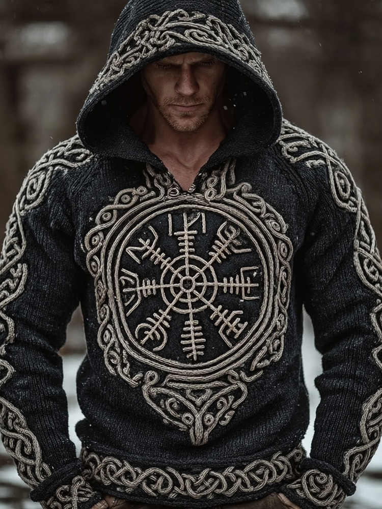 Men's Viking Inspired Vintage Chunky Knit Hooded Sweater