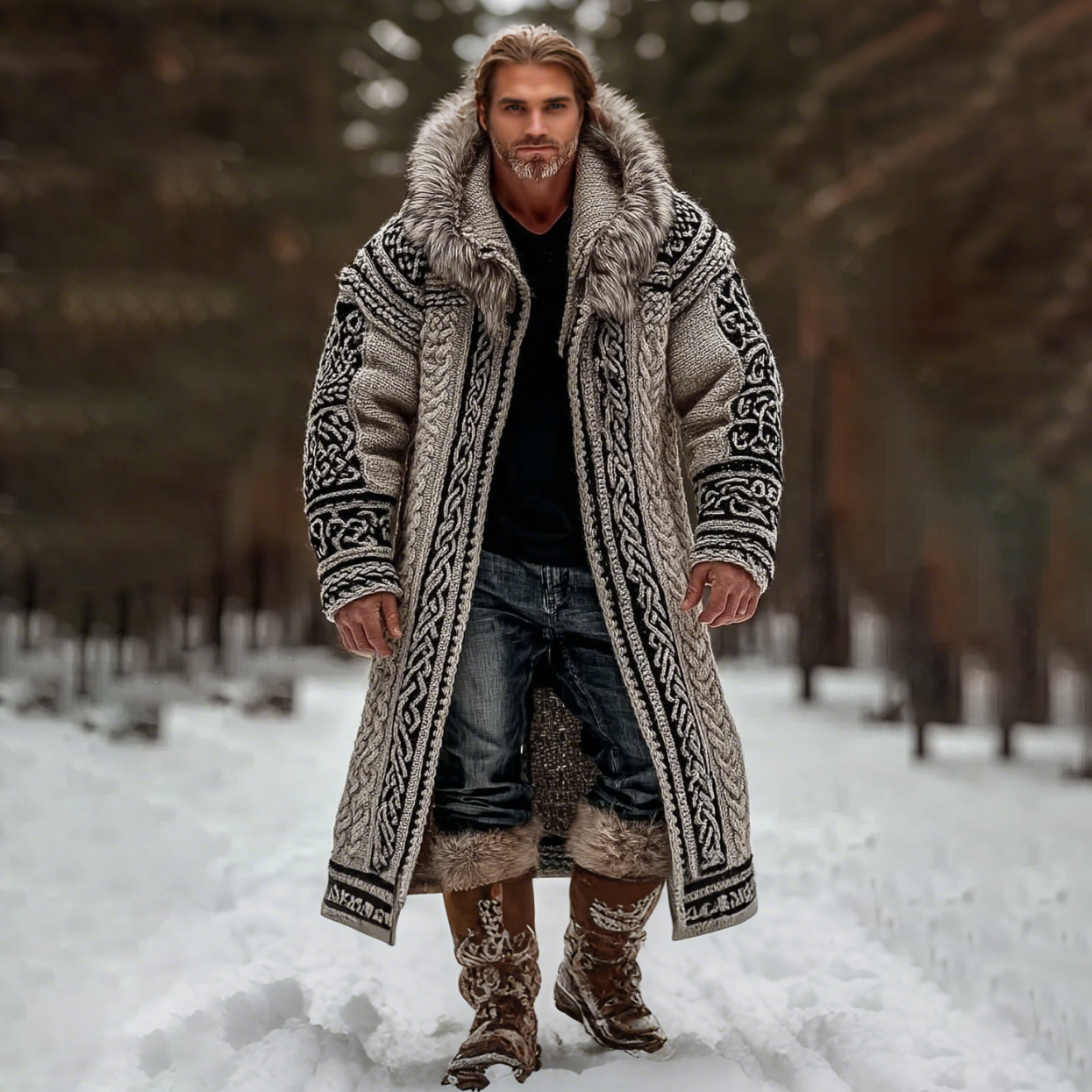 Men's Retro Celtic Knot Chunky Knit Fuzzy Mid-length Hooded Cardigan