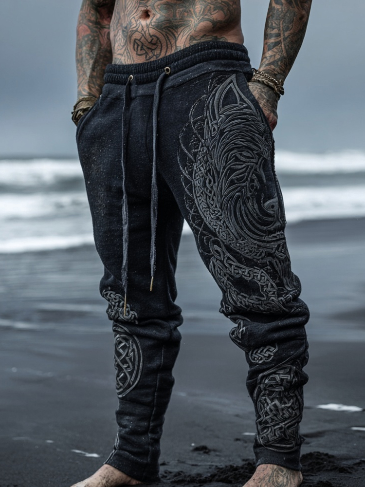 Men's Viking Wolf Celtic Embroidered Vintage Comfy Pants