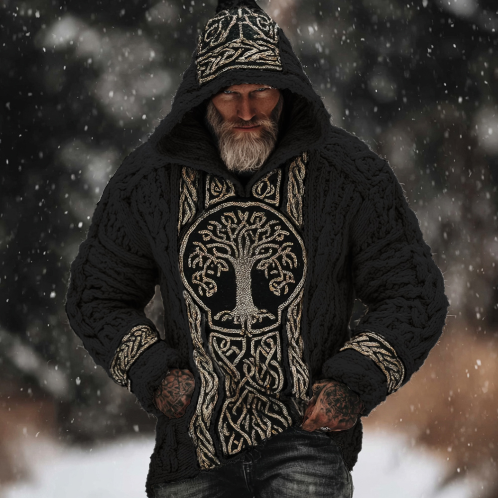 Men's Viking Style Tree Of Life White Thick Needle Hooded Sweater