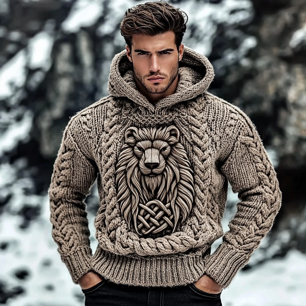 Men's Vintage Viking Lion Jacquard Knit Hooded Sweater
