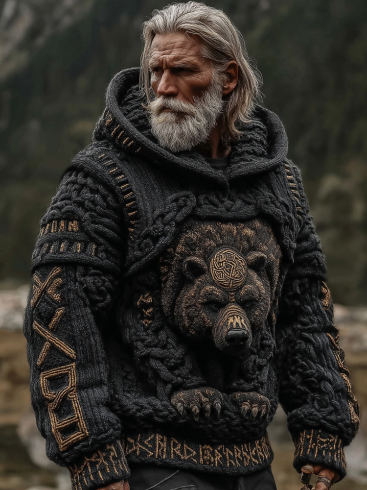 Men's Viking Brown Bear Pattern Jacquard Knitted Hooded Sweater