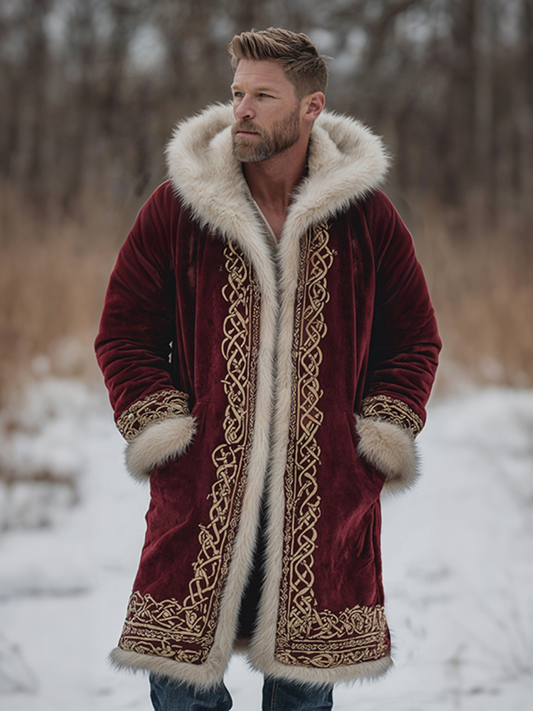 Men's Christmas Santa Celtic Fuzzy Velvet Hooded Coat