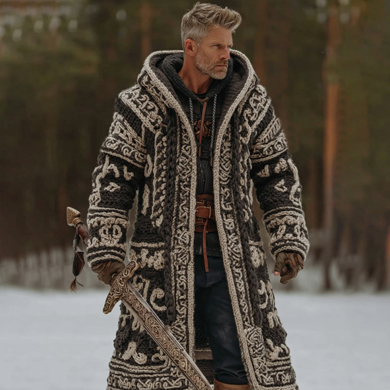 Men's Vintage Viking Celtic Geometry Pattern Art Knitted Hooded Cardigan