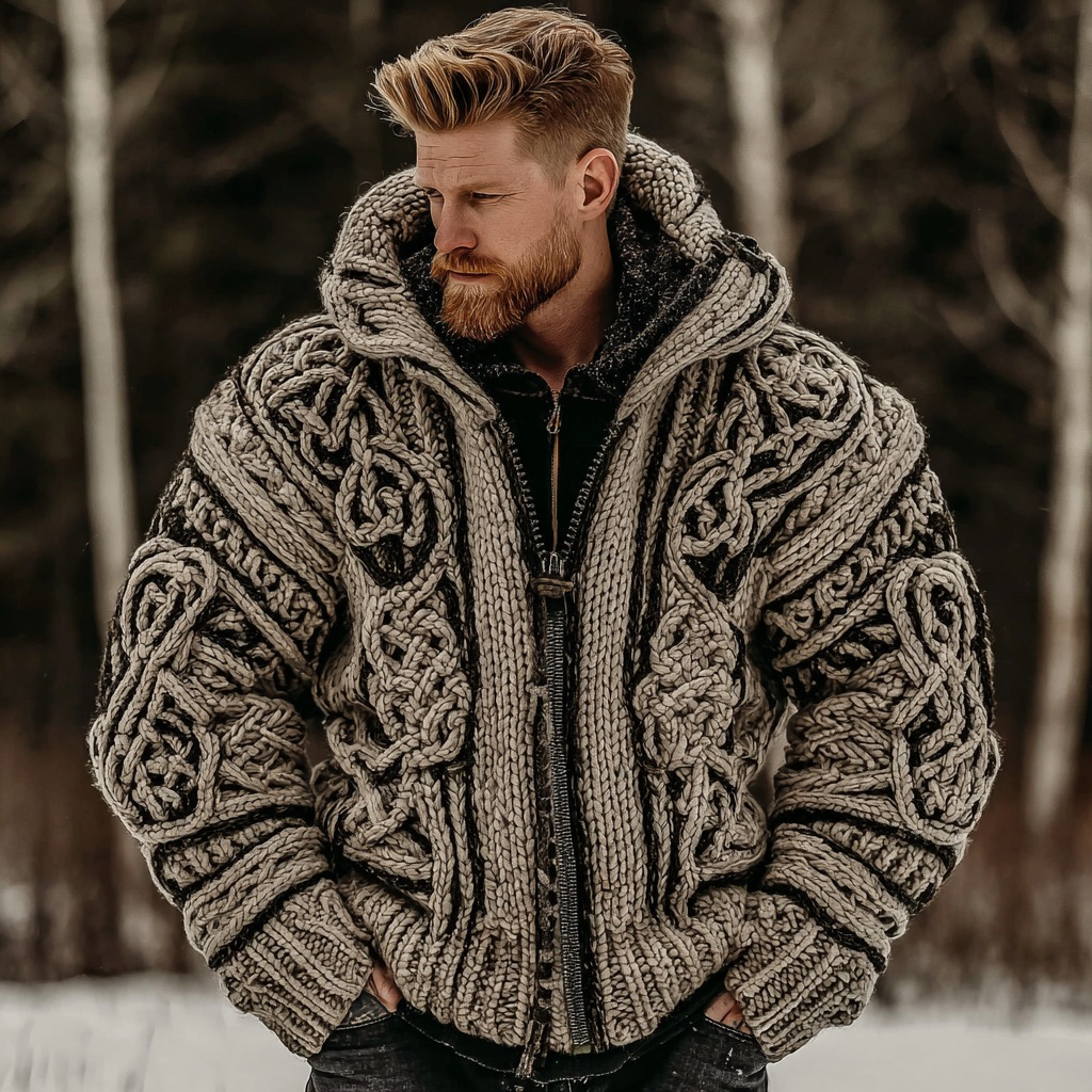 Vintage Viking Celtic Knot Knit Zip-up Hooded Sweater