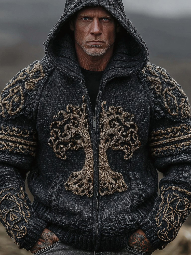 Men's Vintage Viking Life Of Tree Jacquard Knit Zipper Aran Sweater Hooded Cardigan