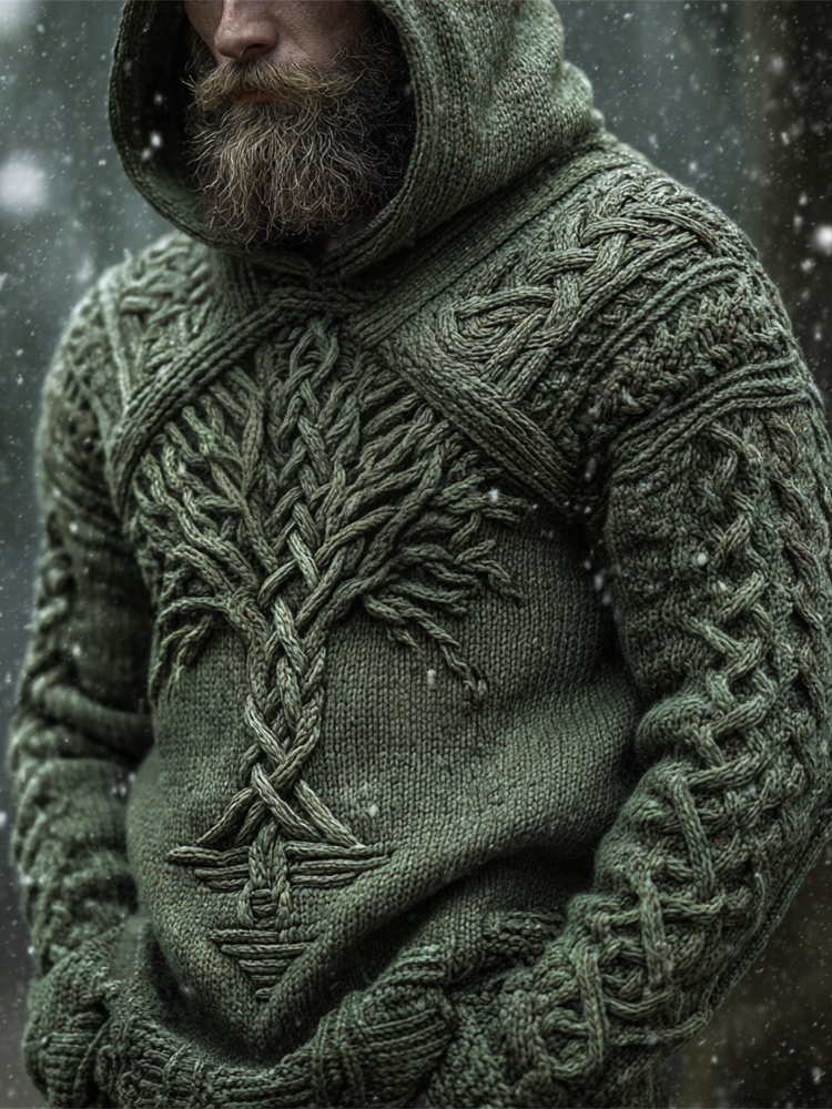 Mystical Norse Mythology Tree Of Life Men's Chunky Knit Hooded Sweater