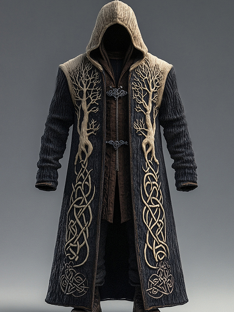 Men's Viking Contrast Color Tree Of Life Embroidered Knit Hooded Coat