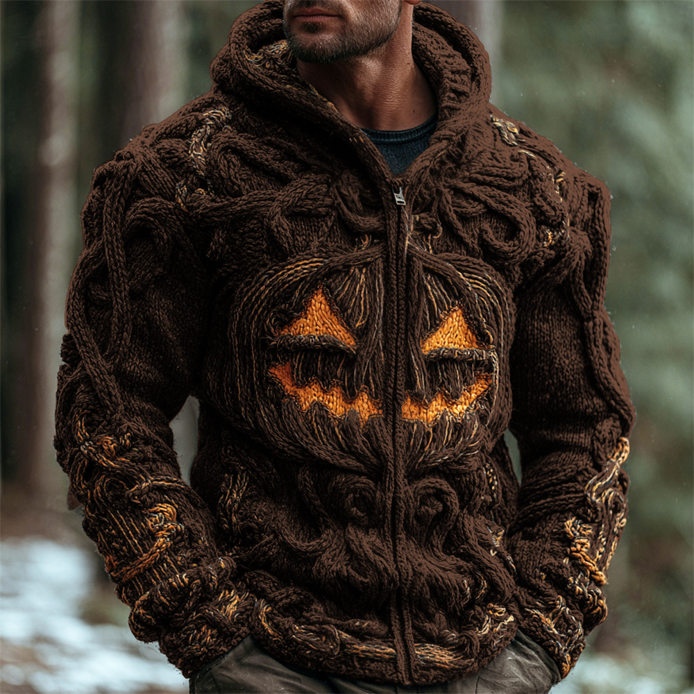 Halloween Pumpkin Emoji Men's Chunky Knit Full Zip Hooded Sweater