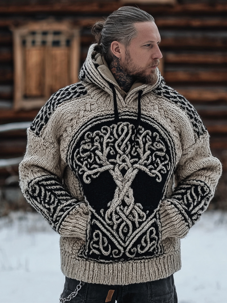 Men's Viking Style Tree Of Life Thick Needle Warm Hooded Sweater