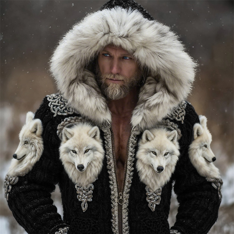 Men's Viking Fuzzy Wolf Celtic Cozy Fur Trim Hooded Cardigan