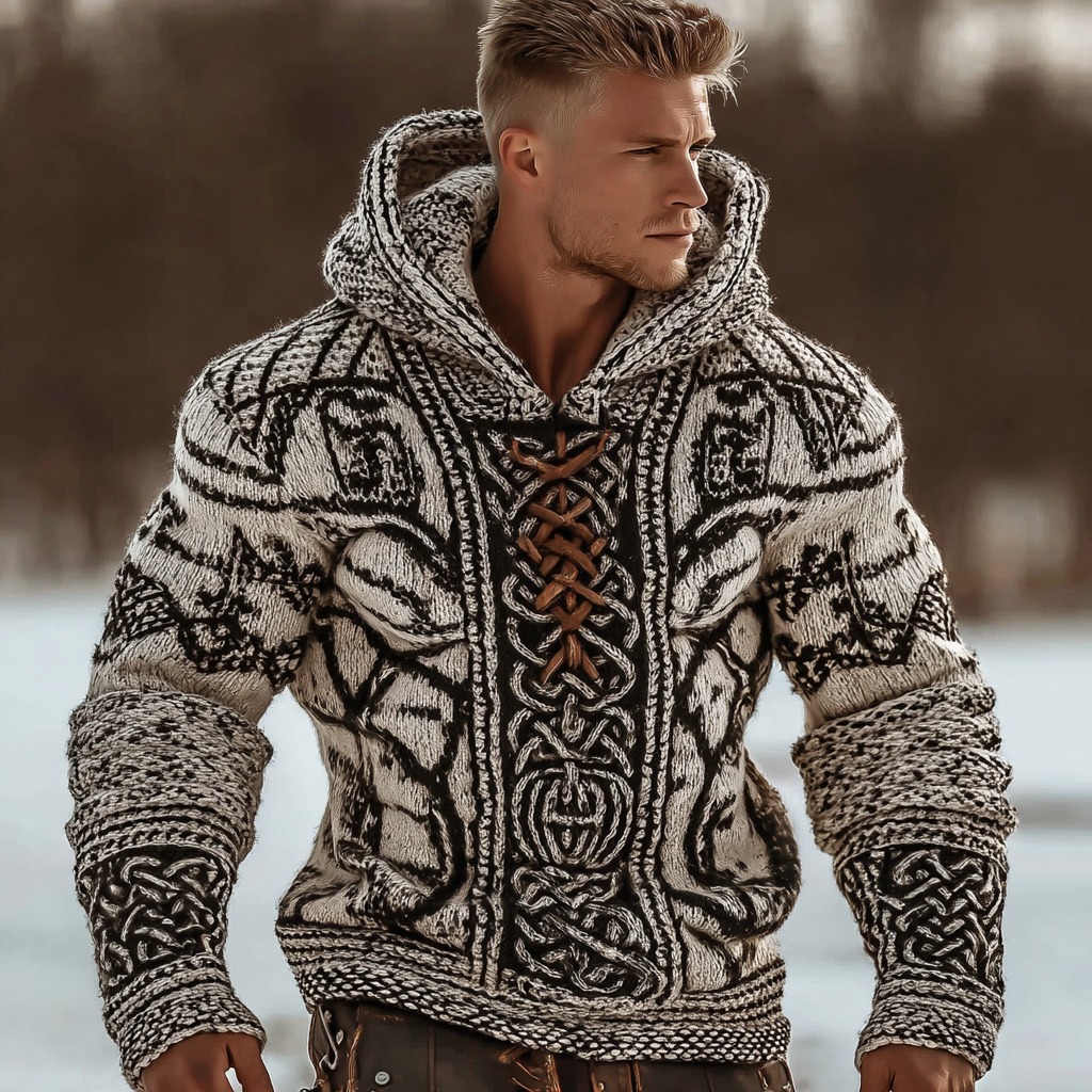 Men's Vintage Viking Celtic Knot Jacquard Hooded Sweater