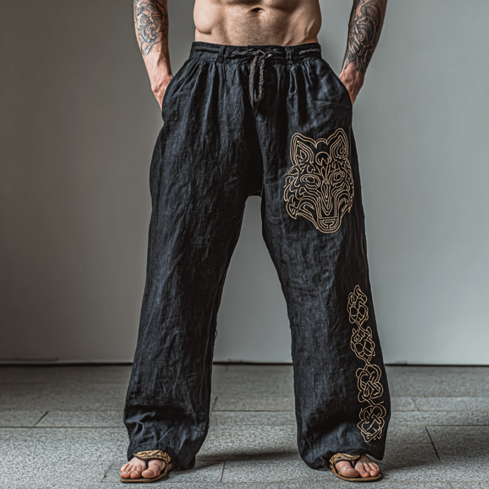 Men's Nordic Mythology Wolf Totem Embroidery Casual Pants
