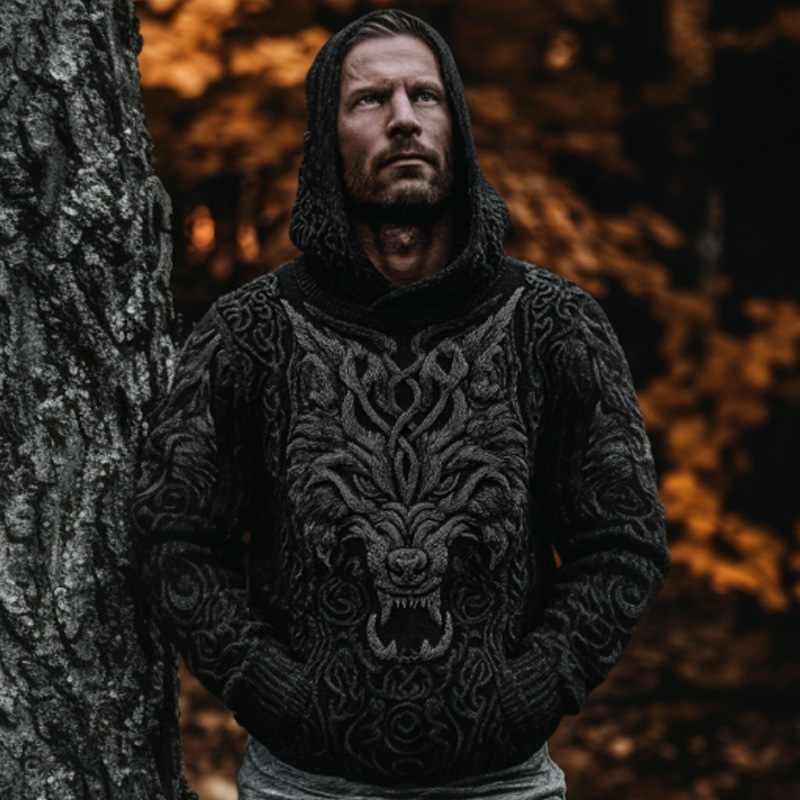 Men's Vintage Viking Wolf Embroidered Hooded Sweater