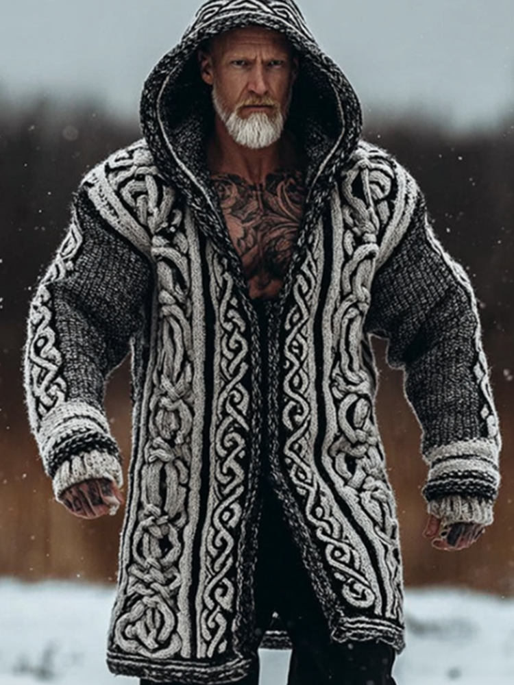 Viking Retro Style Men's Winter Warm Hooded Knit Sweater Cardigan Jacket