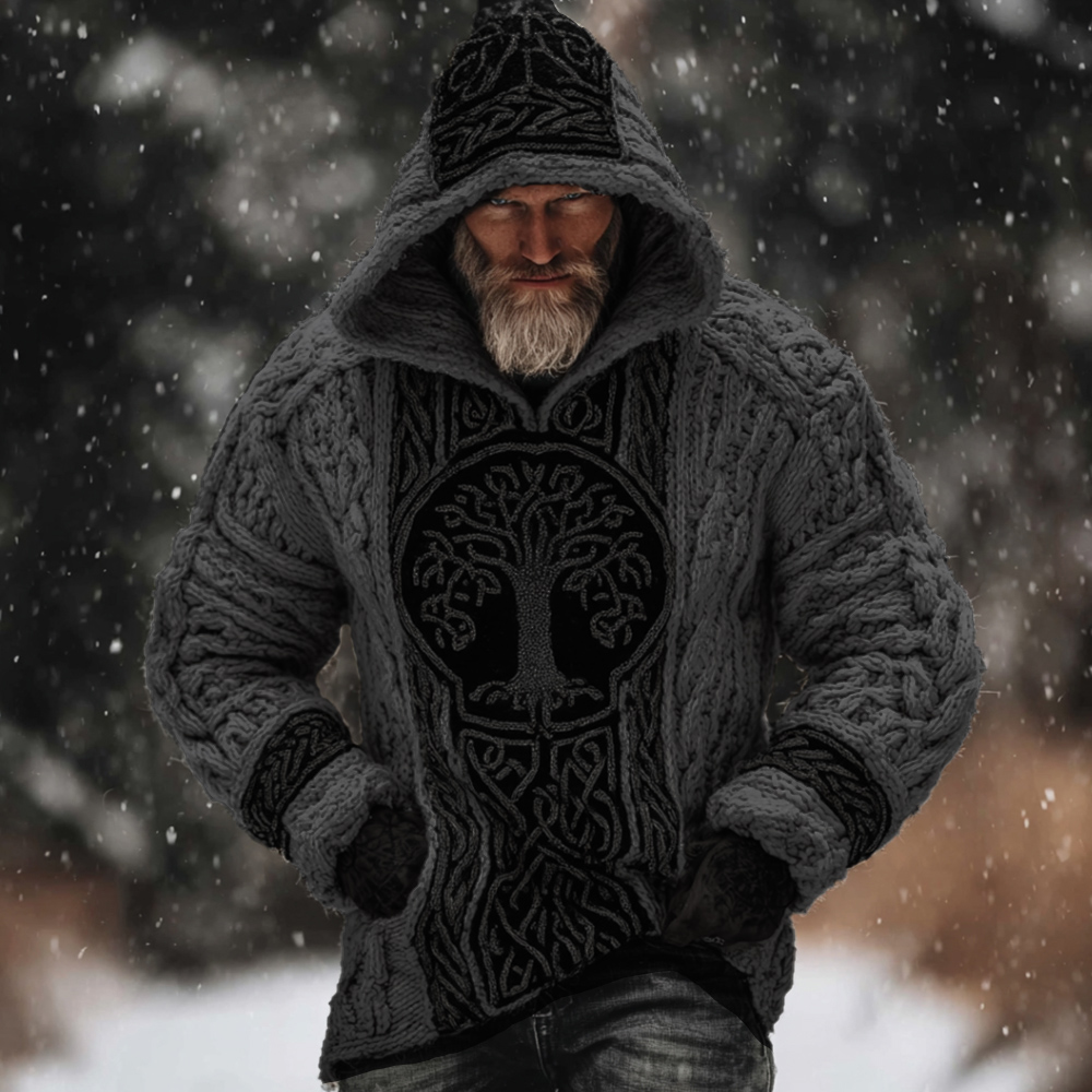 Men's Viking Style Tree Of Life White Thick Needle Hooded Sweater
