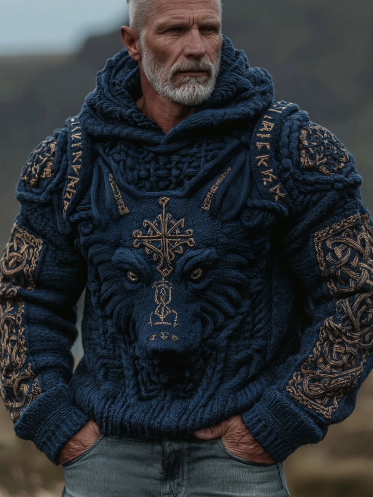 Men's Viking Wolf Rune Celtic Knot Jacquard Knit Hoodie Sweater