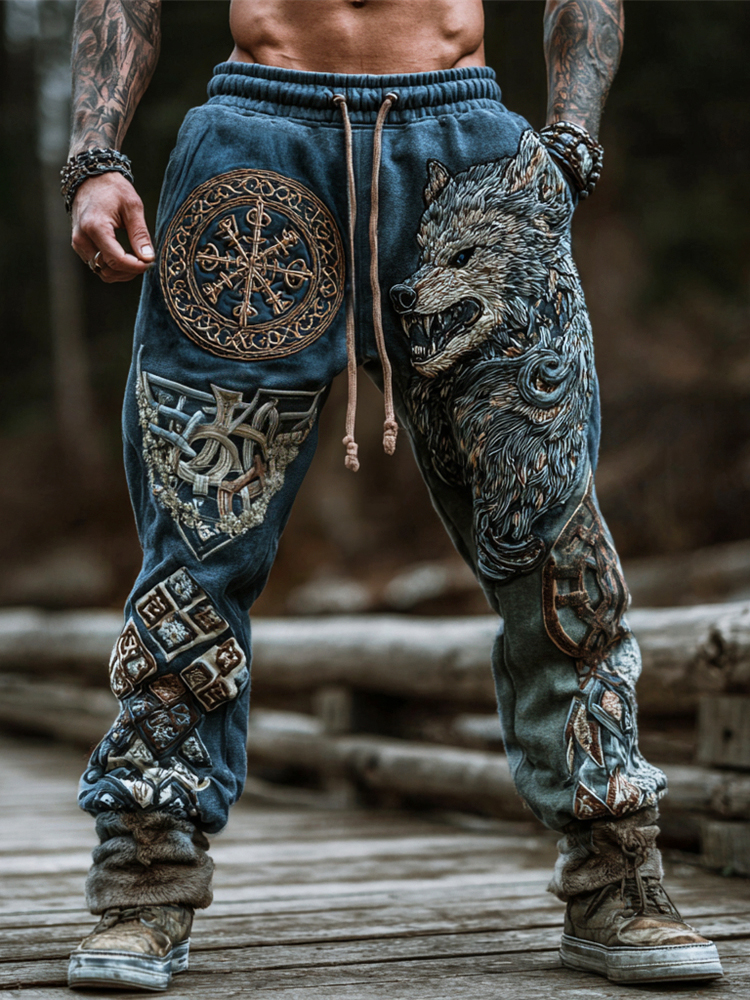 Viking Fenrir Wolf & Aegishjalmur Print Men's Casual Pants