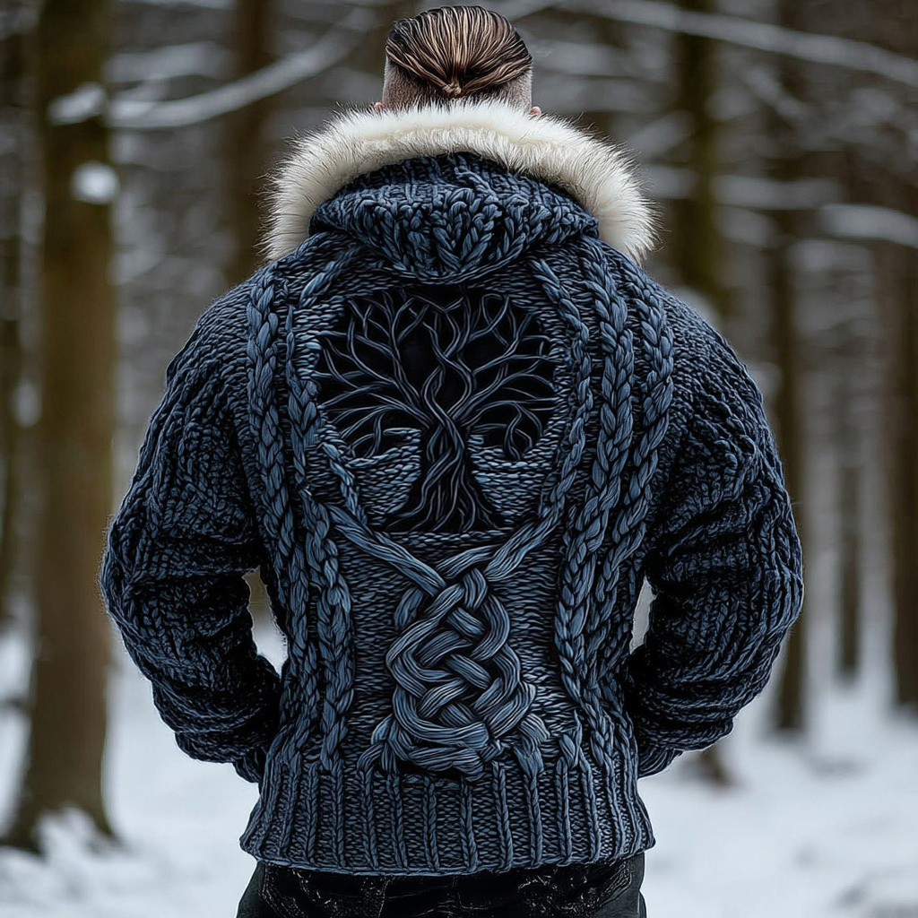 Men's Viking Tribal Tree Of Life Celtic Chunky Knit Fuzzy Hooded Zipper Cardigan