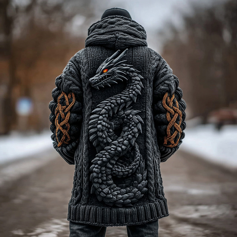 Men's Viking Celtic Dragon Knit Long Cardigan Sweater