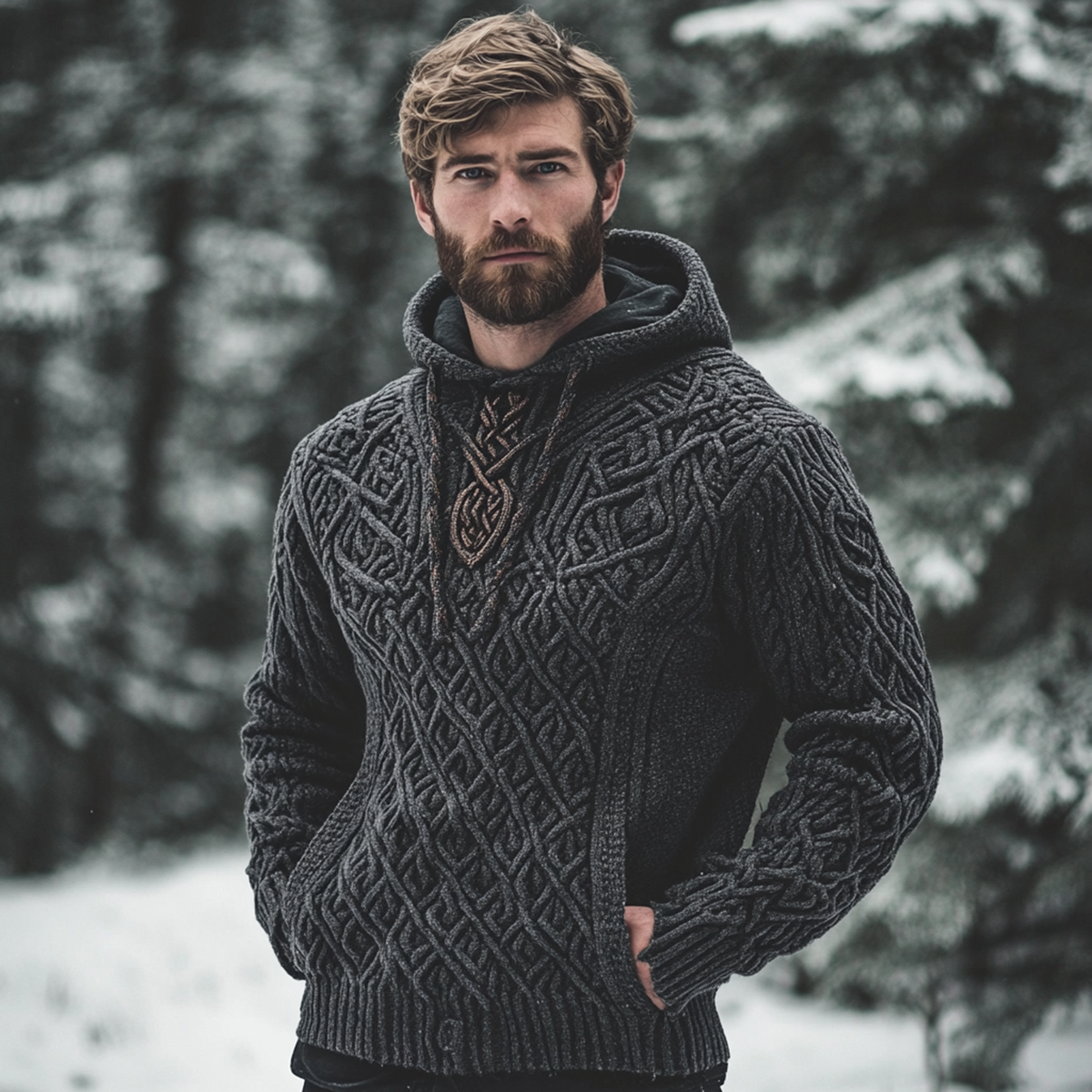 Men's Vintage Viking Inspired Celtic Jacquard Hooded Sweater