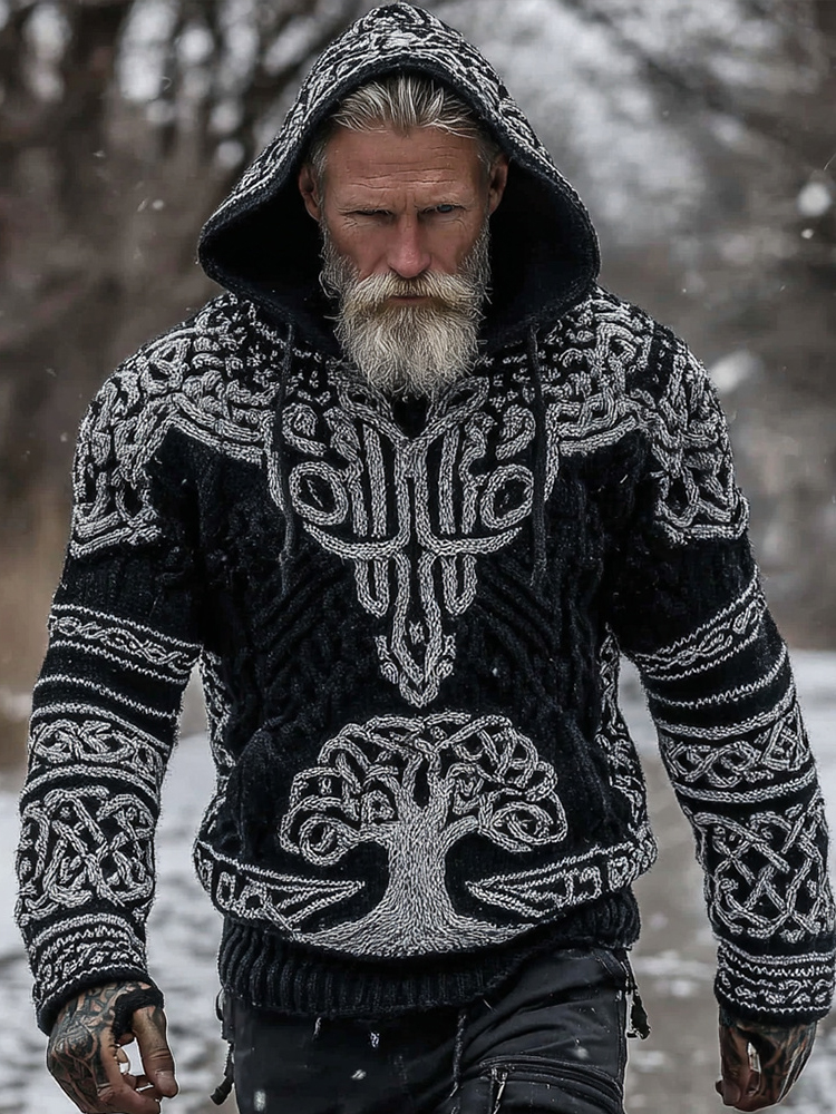 Men's Vintage Viking Tree Of Life Celtic Knot Cozy Knit Hooded Sweater