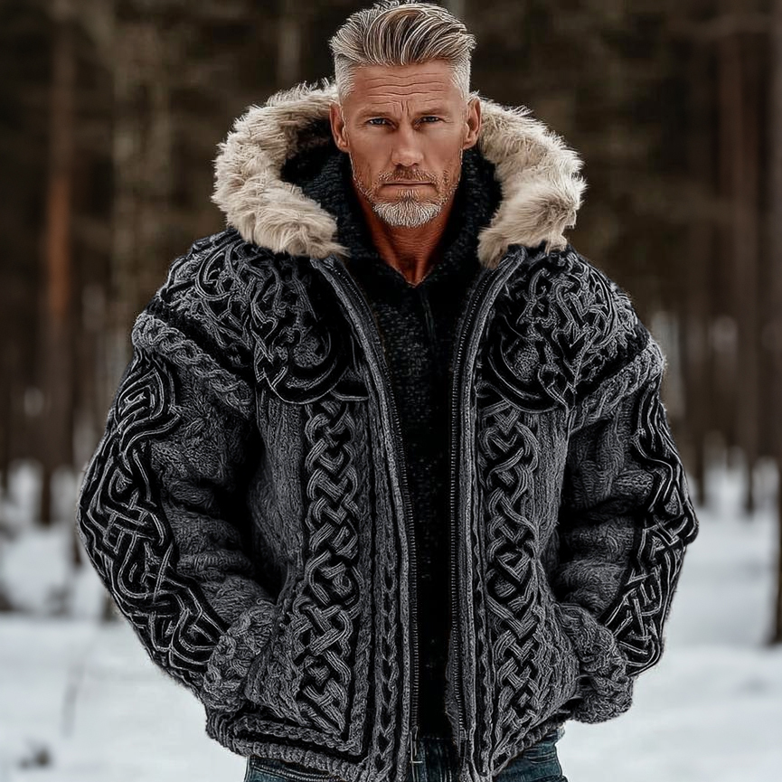 Men's Vintage Viking Celtic Style Cozy Fur Collar Knit Hooded Sweater Jacket