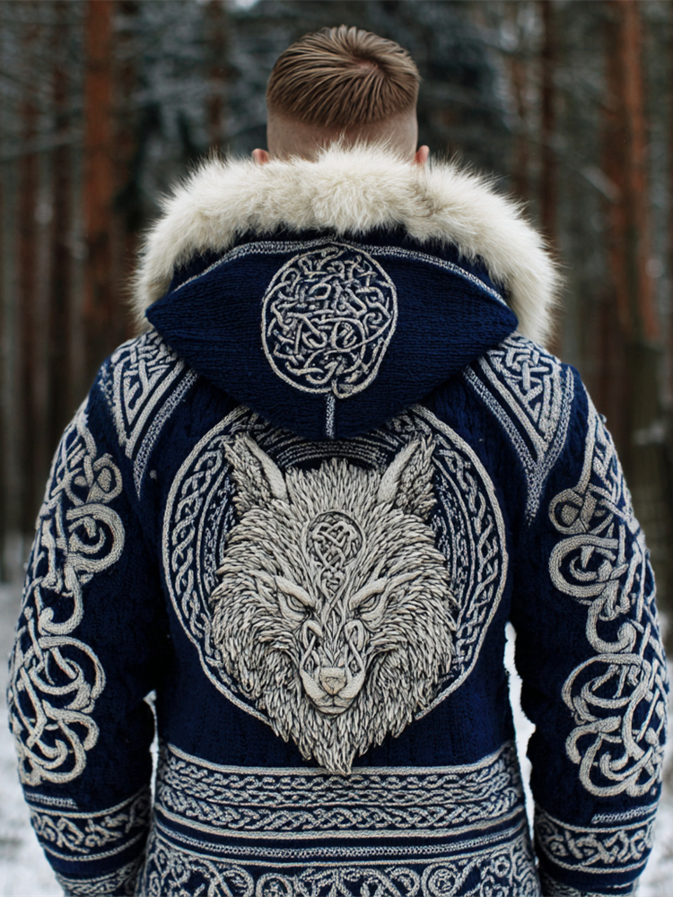 Viking Wolf Totem Design Men's Plush Trimmed Hooded Cardigan