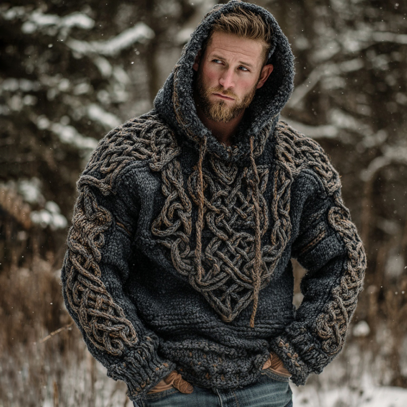 Men's Retro Celtic Knot Art Warm Hooded Sweater