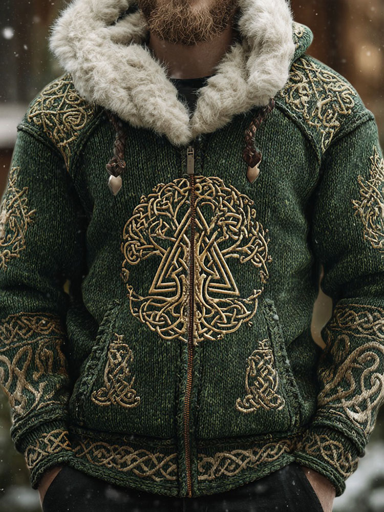 Men's Viking Tree Of Life Knitted Fur Collar Jacket
