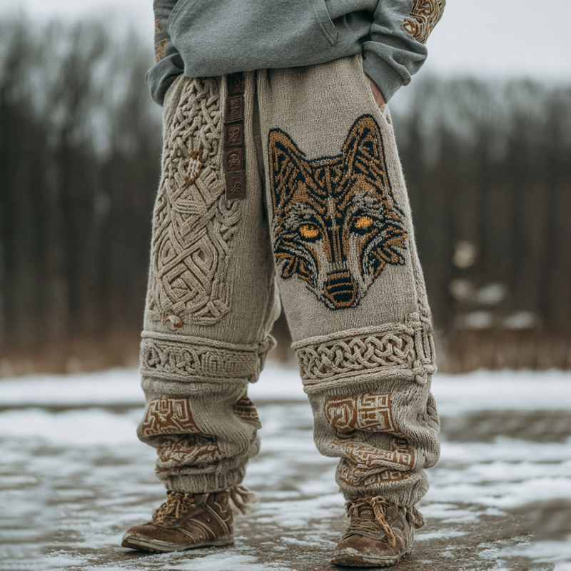 Men's Vintage Viking Wolf Art Cozy Knit Sweatpants